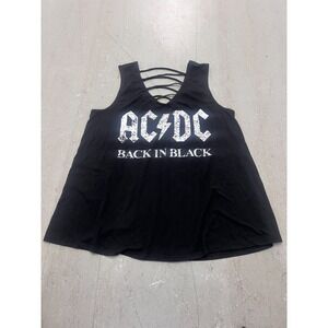 AC/DC Back In Black Tank Top‎ Womens 1X Black Graphic Criss-Cross V-Neck Concert